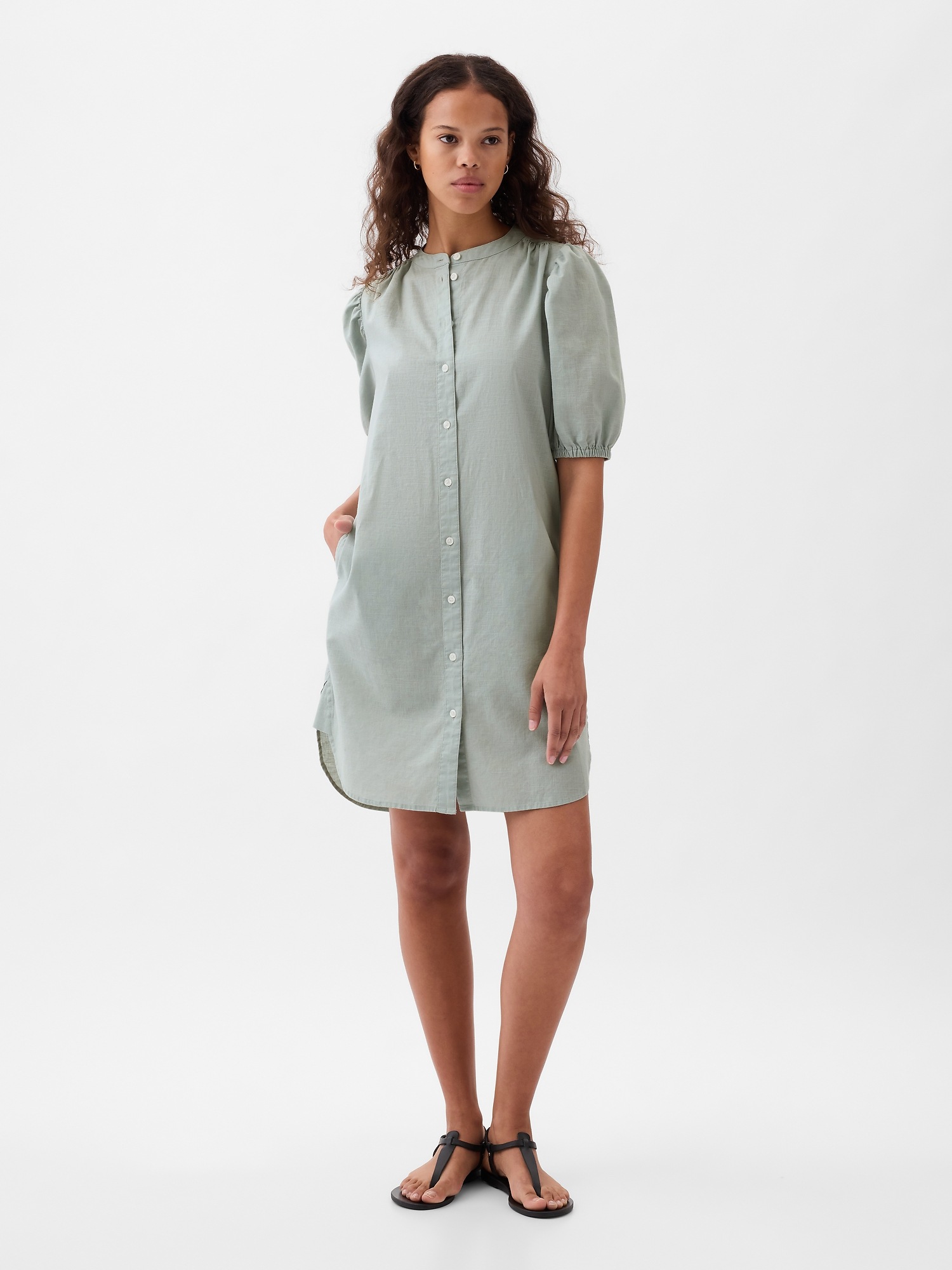 LinenCotton Puff Sleeve Mini Shirtdress Gap