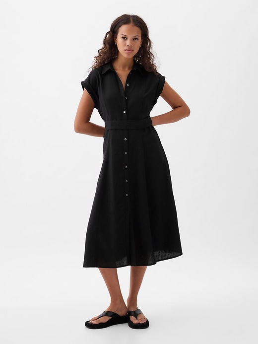 1 of 8 showing, with the color black of product Linen-Blend Midi Shirtdress