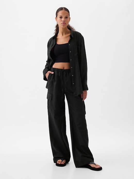 1 of 8 showing, with the color black of product Mid Rise Linen-Cotton Pull-On Cargo Pants