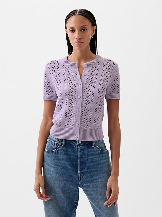 1 of 8 showing, with the color orchid petal purple of product Pointelle Cardigan