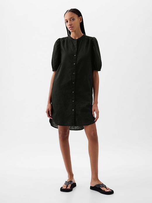 Image number 3 showing, Linen-Cotton Puff-Sleeve Mini Shirtdress