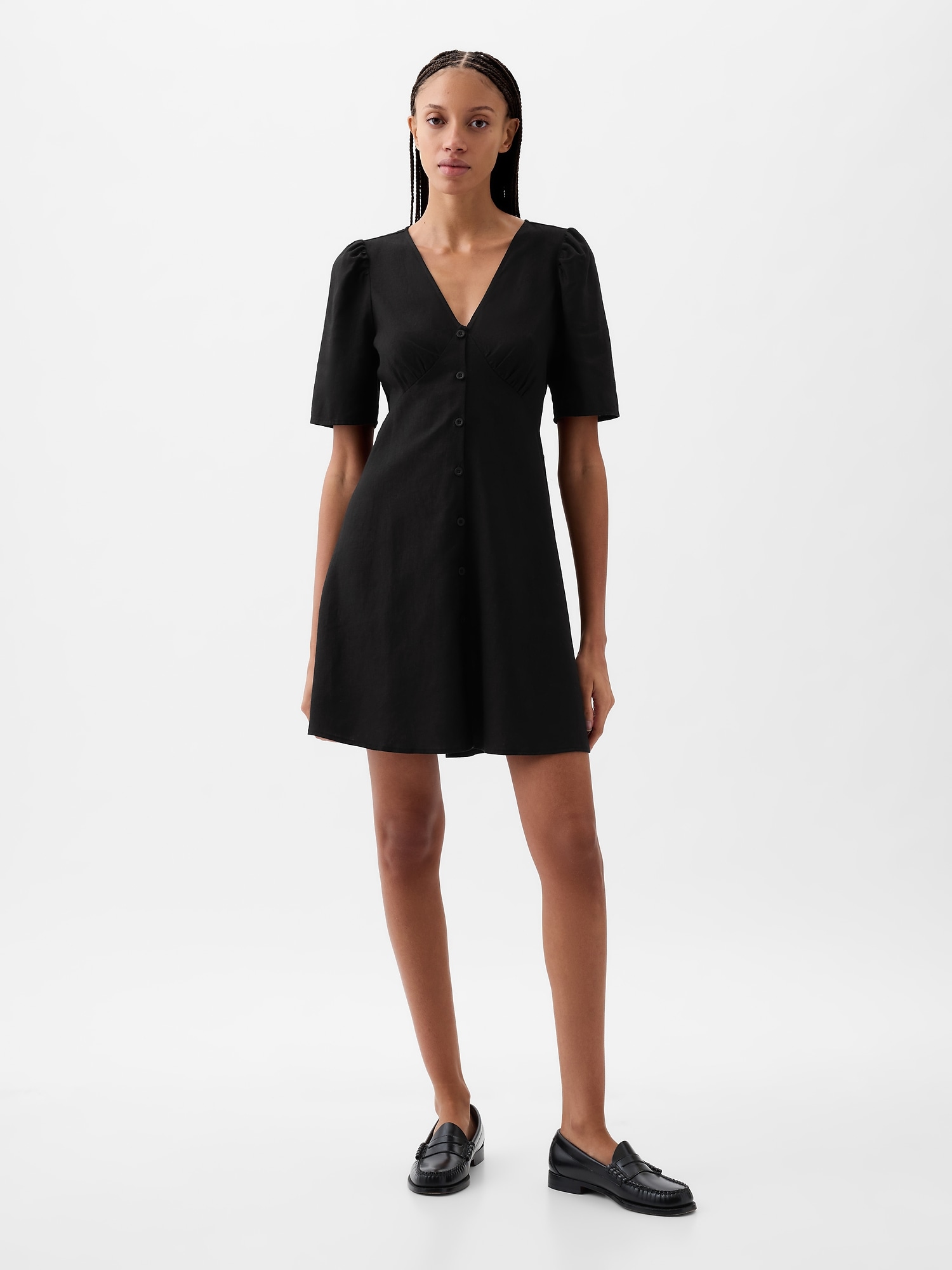 Linen-Blend Button Mini Dress