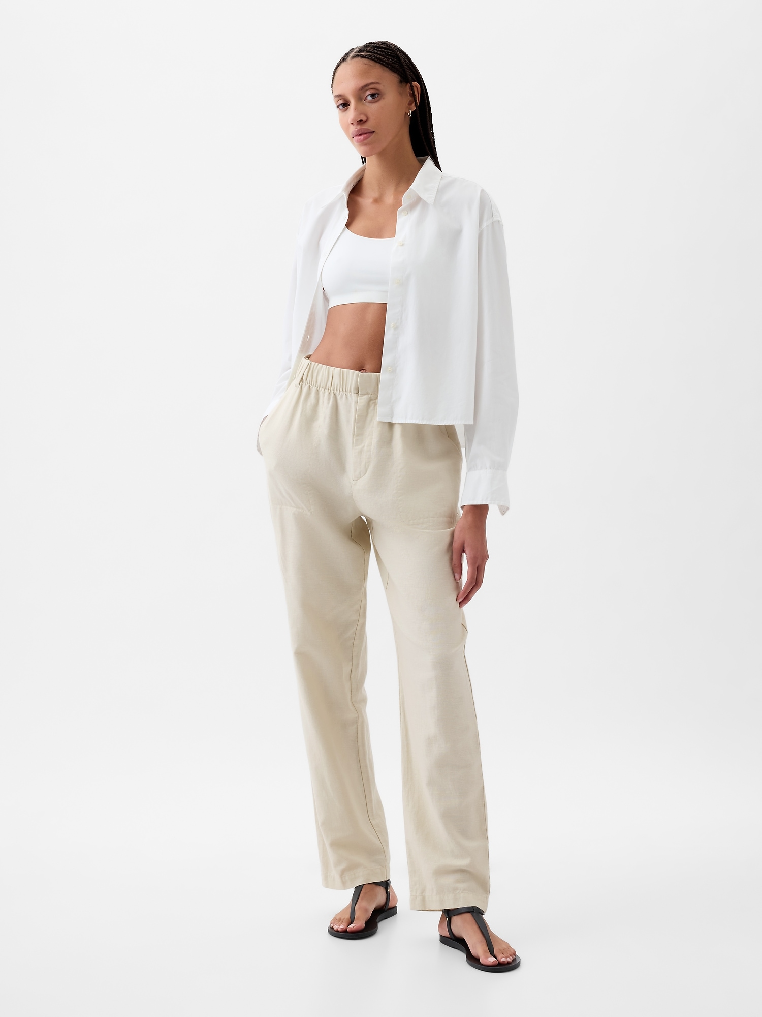 High Rise Linen-Cotton Pull-On Pants