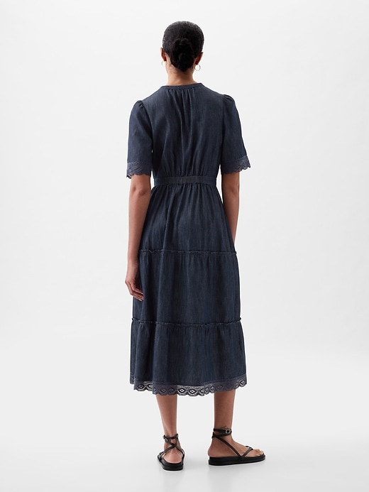 2 of 8 showing, with the color dark wash of product Lace Denim Midi Dress