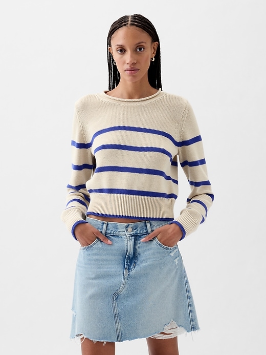 1 of 8 showing, with the color blue stripe of product Shrunken Roll Neck Sweater