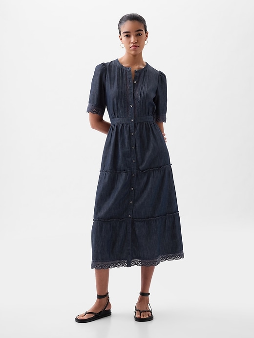 1 of 8 showing, with the color dark wash of product Lace Denim Midi Dress