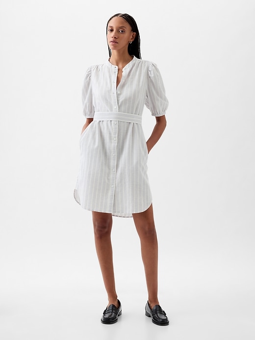 Image number 1 showing, Linen-Cotton Puff Sleeve Mini Shirtdress