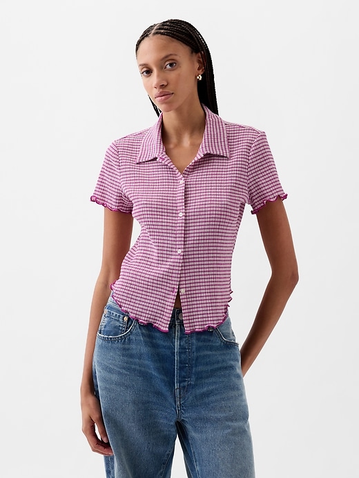 1 of 8 showing, with the color pink gingham of product Cropped Seersucker Shirt
