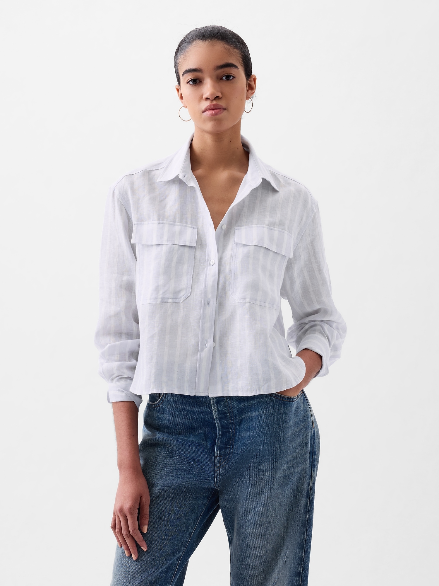 Gap Linen Cropped Shirt In Light Blue & White Stripe