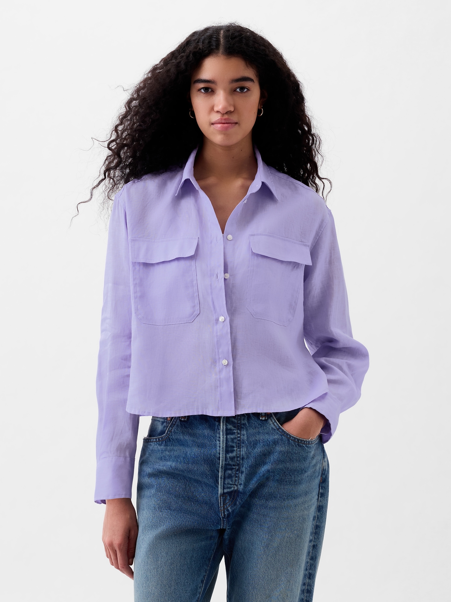Gap Linen Cropped Shirt In Purple Lavender