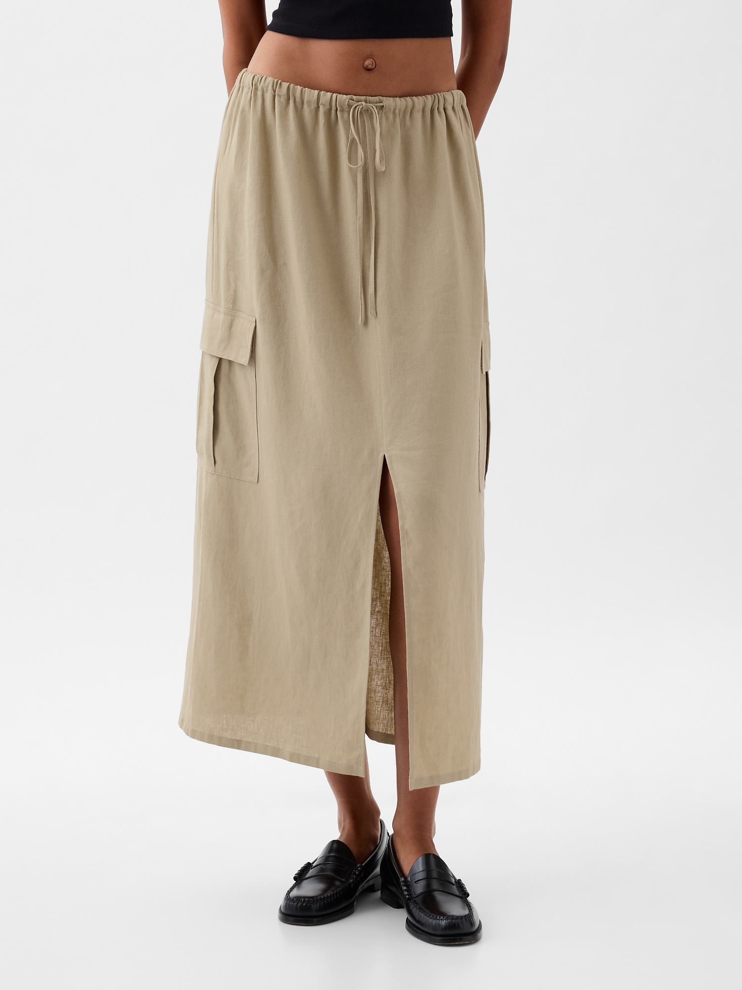 Linen-Blend Cargo Midi Skirt