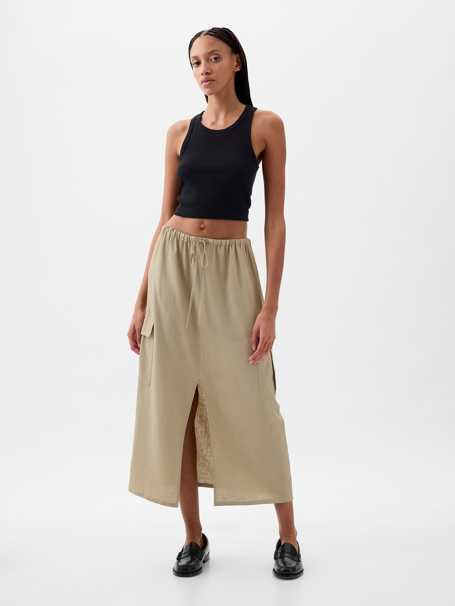 Linen-Blend Cargo Midi Skirt | Gap