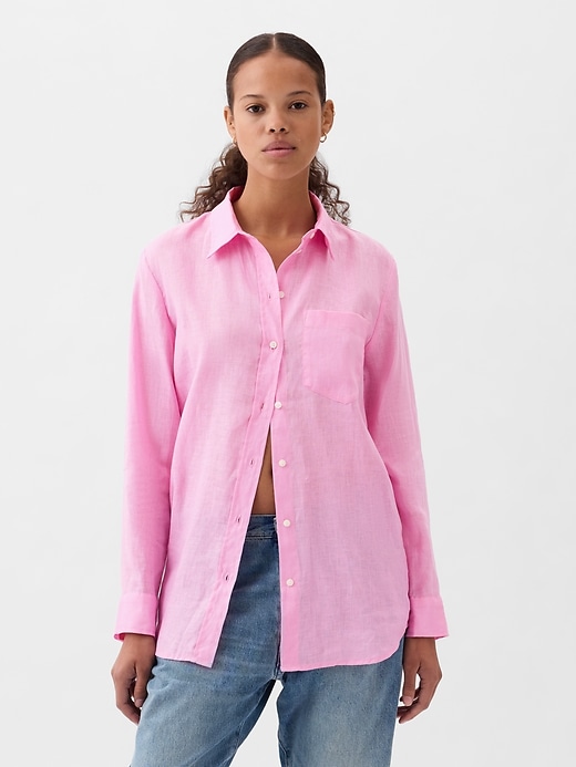 1 of 8 showing, with the color sugar pink of product 100% Linen Boyfriend Shirt