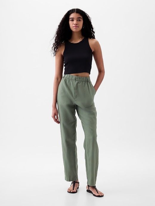 Image number 1 showing, High Rise Linen-Cotton Pull-On Pants