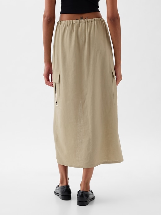 2 of 8 showing, with the color iconic khaki tan of product Linen-Blend Cargo Midi Skirt