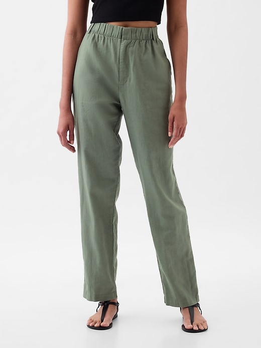 2 of 8 showing, with the color laurel wreath green of product High Rise Linen-Cotton Pull-On Pants