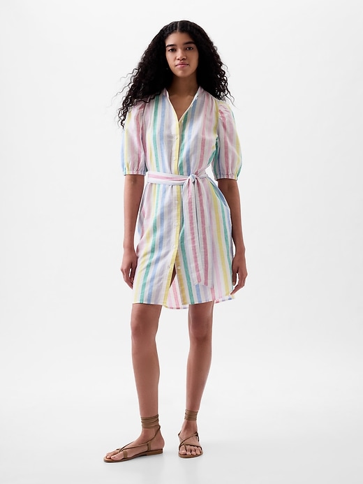 1 of 8 showing, with the color multi color stripe of product Linen-Cotton Puff-Sleeve Mini Shirtdress