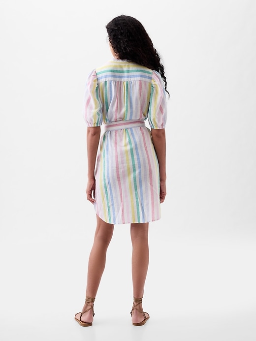 2 of 8 showing, with the color multi color stripe of product Linen-Cotton Puff-Sleeve Mini Shirtdress