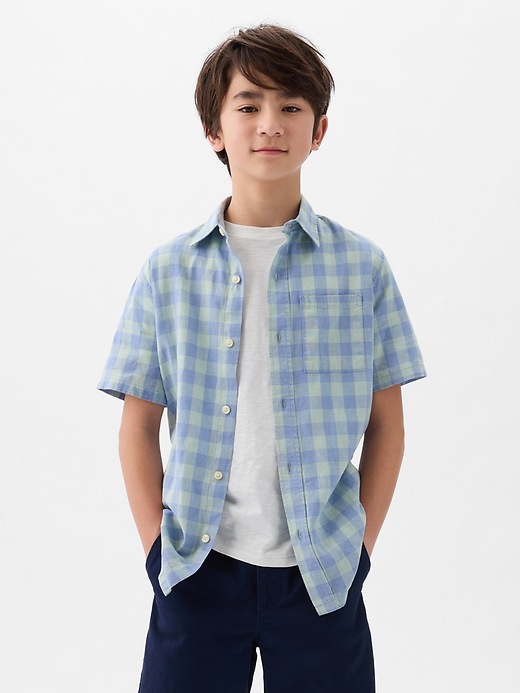 1 of 8 showing, with the color blue green plaid of product Kids Linen-Cotton Shirt