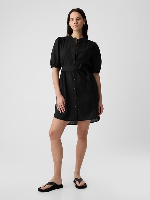 Image number 4 showing, Linen-Cotton Puff-Sleeve Mini Shirtdress