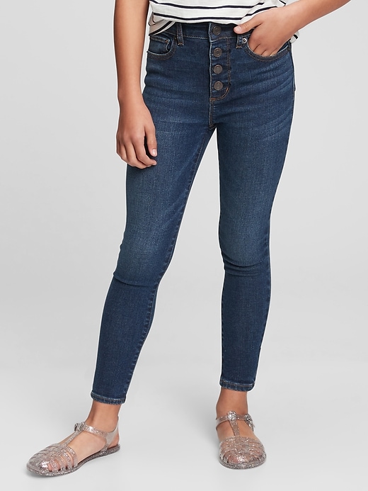 2 of 8 showing, with the color dark wash of product Kids High Rise Ankle Jeggings