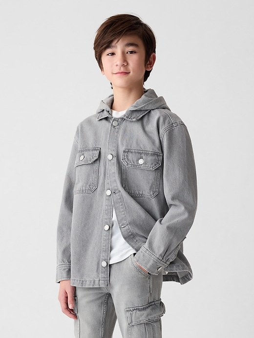 1 of 8 showing, with the color Grey wash of product Kids Hooded Denim Jacket