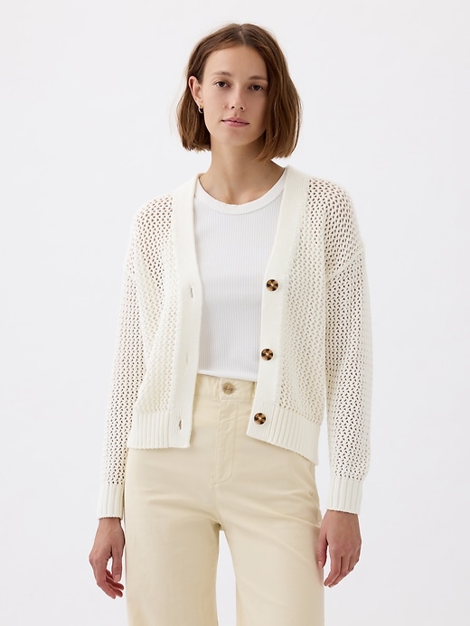 1 of 8 showing, with the color new off white of product Crochet Cardigan Sweater