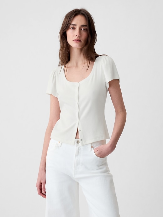 1 of 8 showing, with the color new off white of product Modern Rib Cropped Cardigan Shirt