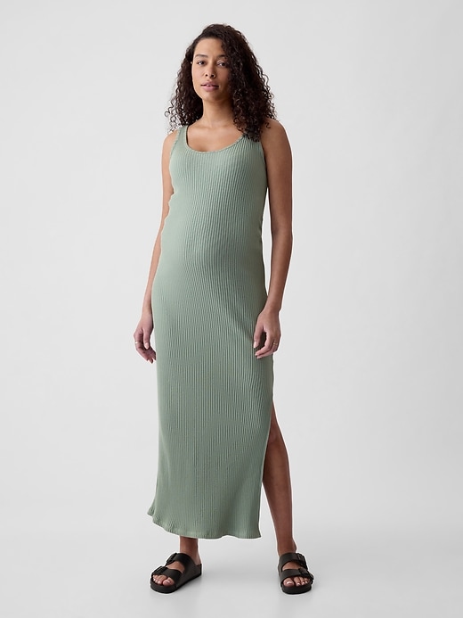 1 of 8 showing, with the color sage green of product Maternity Rib Maxi Tank Dress