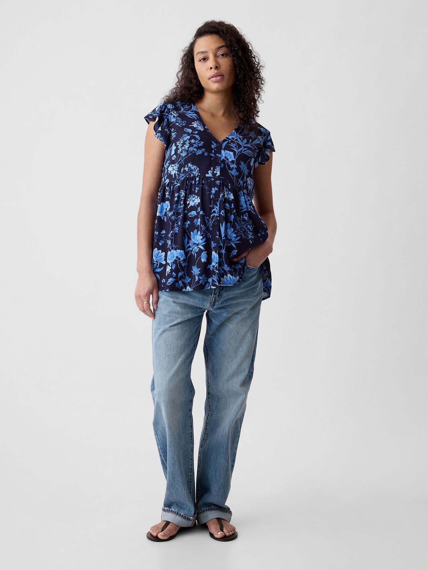 Gap Maternity Flutter Sleeve Shirt In Blue Floral