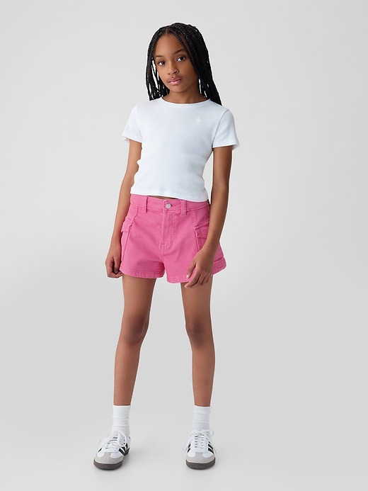 1 of 8 showing, with the color pink denim of product Kids High-Rise Denim Shorts