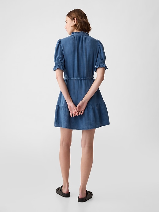 2 of 8 showing, with the color medium indigo of product Crinkle Gauze Denim Mini Dress