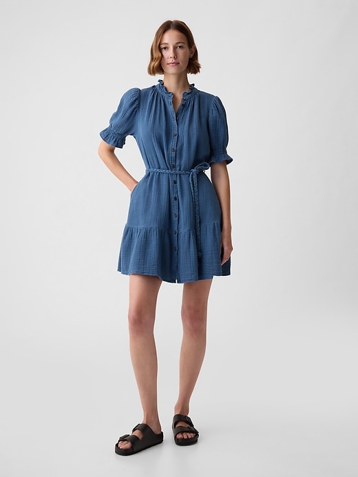 1 of 8 showing, with the color medium indigo of product Crinkle Gauze Denim Mini Dress