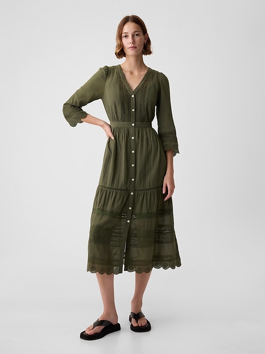 1 of 8 showing, with the color olive green of product Textured Crinkle Lace Midi Dress