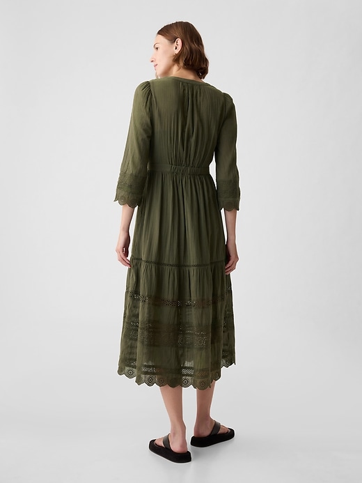 2 of 8 showing, with the color olive green of product Textured Crinkle Lace Midi Dress