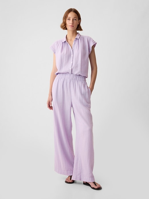 Image number 1 showing, Mid Rise Crinkle Gauze Wide-Leg Pants