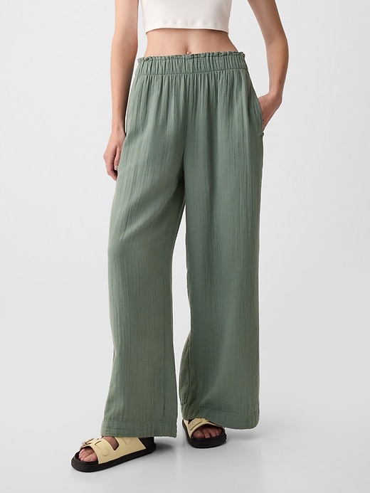 2 of 8 showing, with the color laurel wreath green of product Mid Rise Crinkle Gauze Wide-Leg Pants