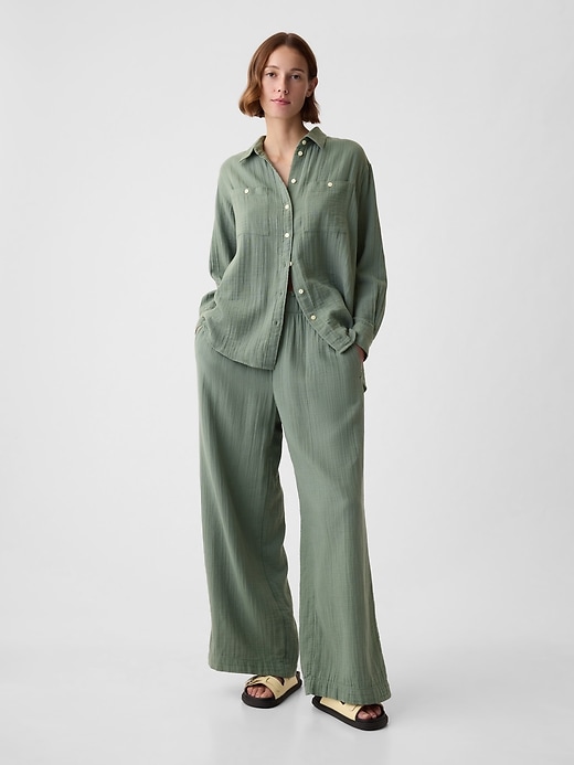 1 of 8 showing, with the color laurel wreath green of product Mid Rise Crinkle Gauze Wide-Leg Pants