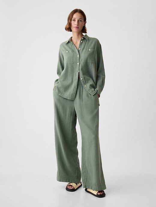 Image number 1 showing, Mid Rise Crinkle Gauze Wide-Leg Pants