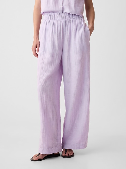 2 of 8 showing, with the color orchid petal purple of product Mid Rise Crinkle Gauze Wide-Leg Pants