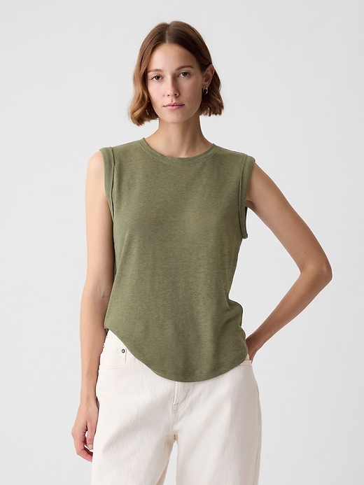1 of 8 showing, with the color olive green of product Linen-Blend Tank Top