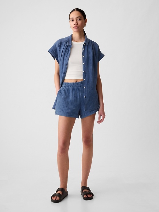 1 of 8 showing, with the color medium indigo of product Crinkle Gauze Denim Easy Shorts