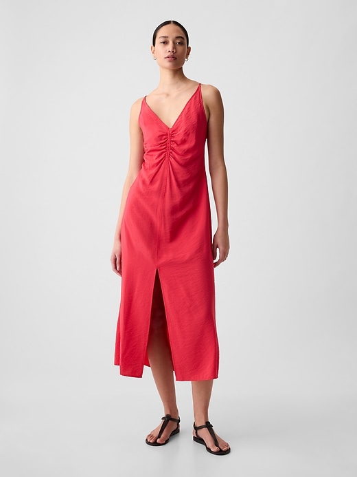1 of 8 showing, with the color slipper red of product Ruched Slip Midi Dress