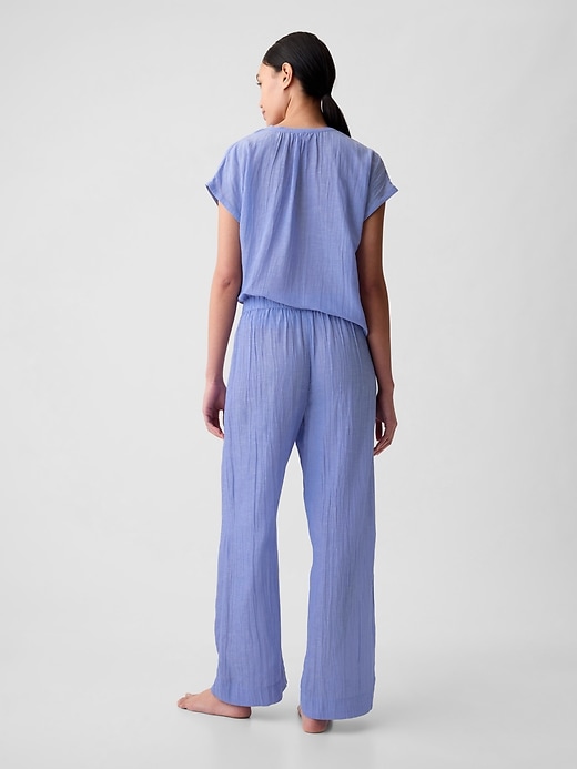 2 of 8 showing, with the color shirting blue of product Crinkle Gauze Wide-Leg PJ Pants