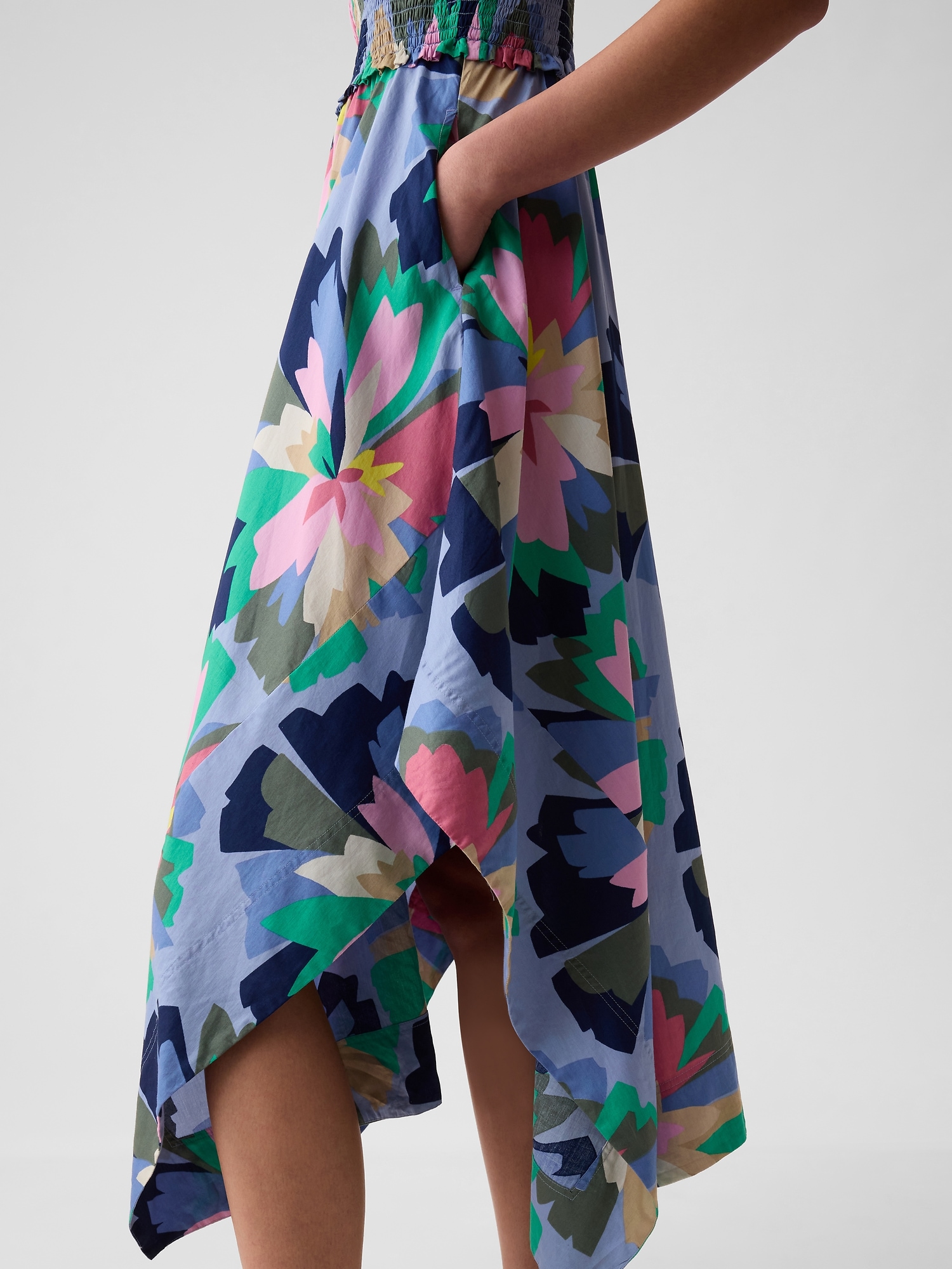 Smocked Handkerchief Hem Midi Dress Gap