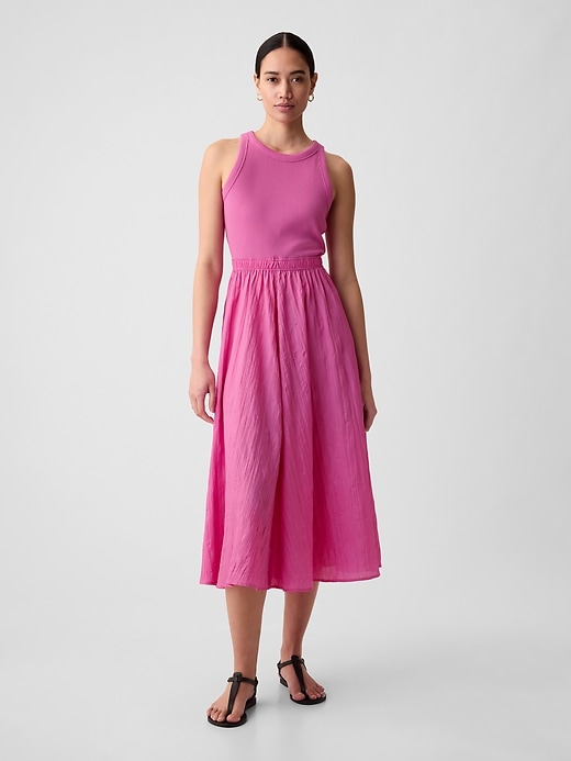 1 of 8 showing, with the color budding pink of product Textured Crinkle Midi Dress