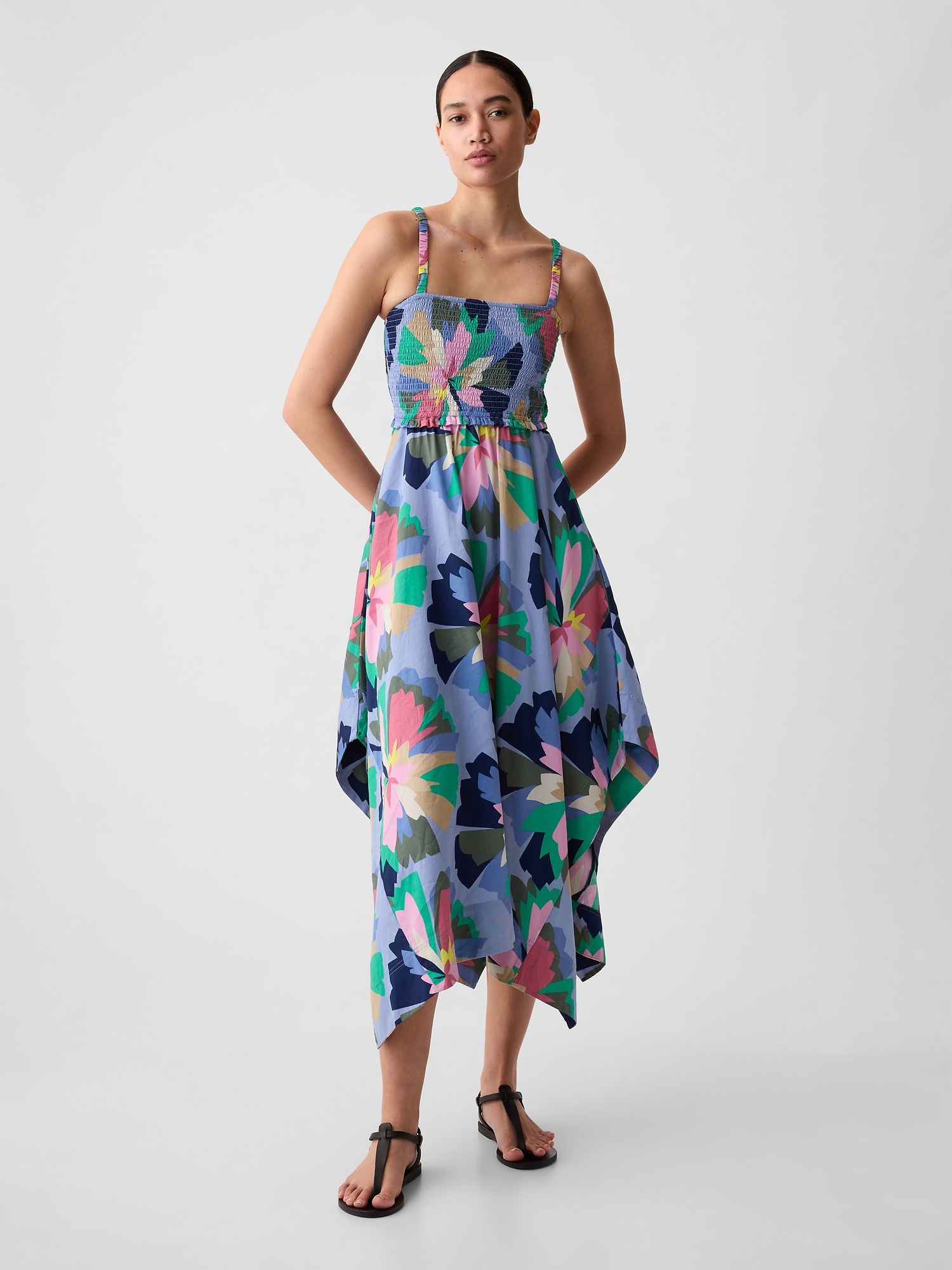 Gap Smocked Handkerchief Hem Midi Dress In Spring Multi Floral