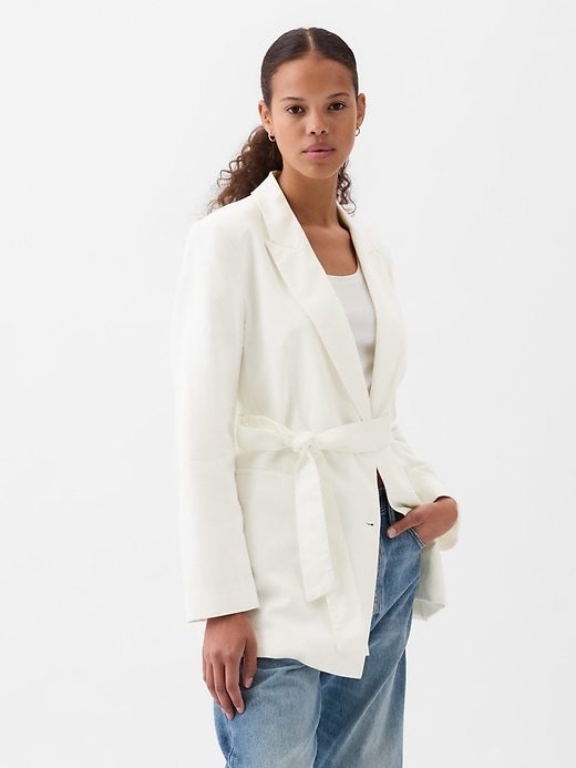 1 of 8 showing, with the color new off white of product Linen-Cotton Belted Blazer