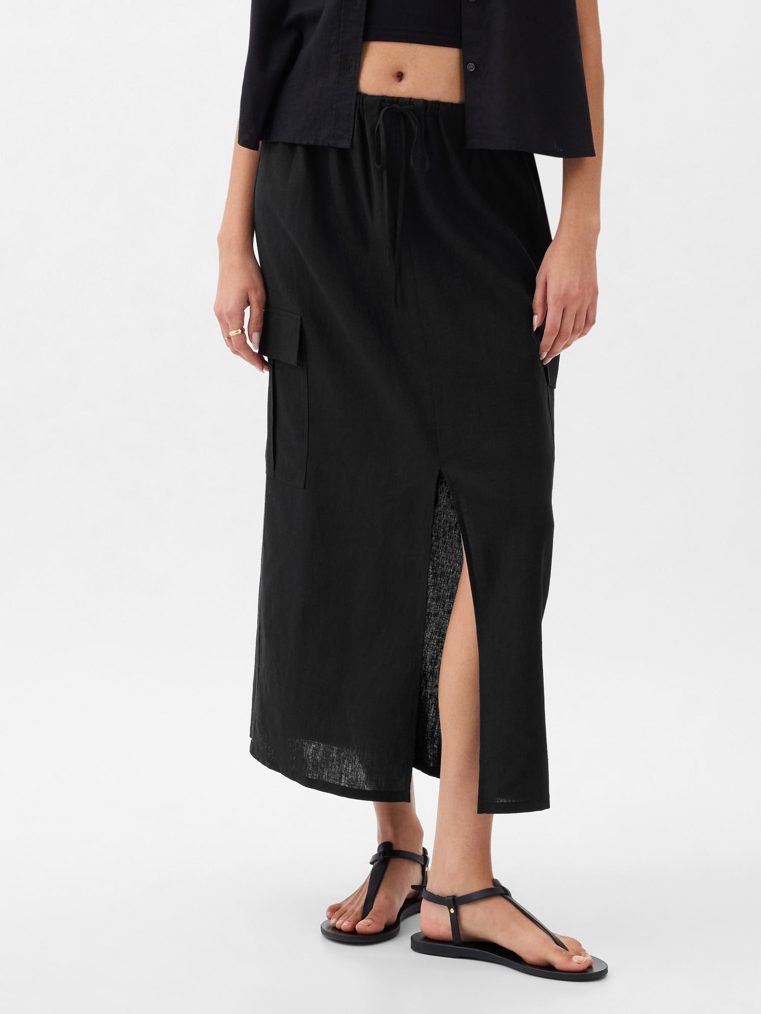 Linen-Blend Cargo Midi Skirt