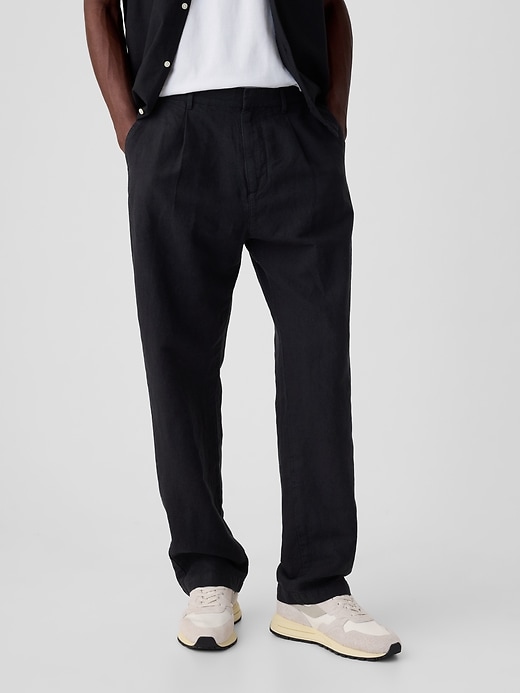 2 of 8 showing, with the color black of product Linen-Cotton Pleated Trousers